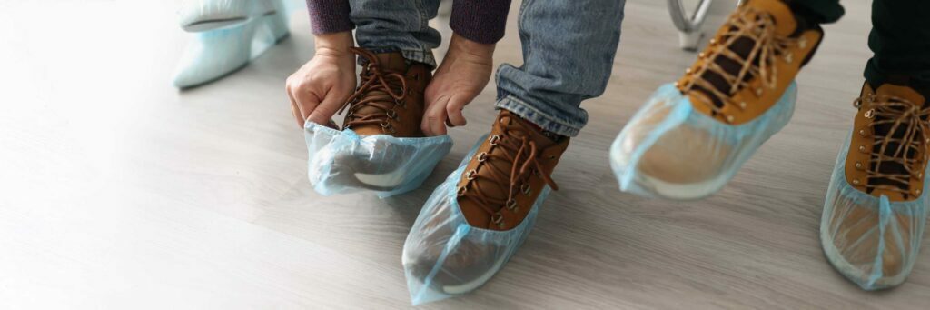 People Sitting Shoe Covers New Hygiene Rules